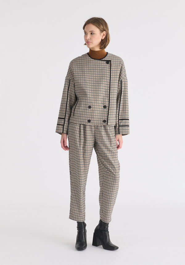 Double Breasted Check Jacket with Matching Scarf in Brown, White and Black Front